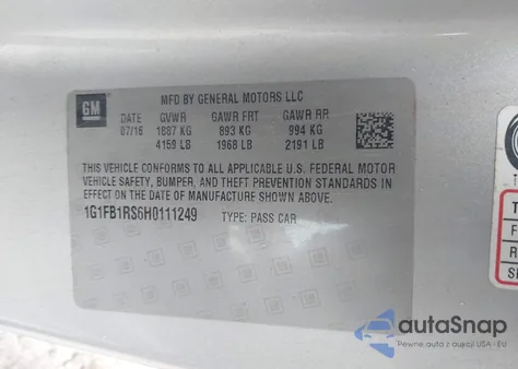 2017 Chevrolet Camaro 1Lt из США, поврежденный, VIN 1G1FB1RS6H0111249